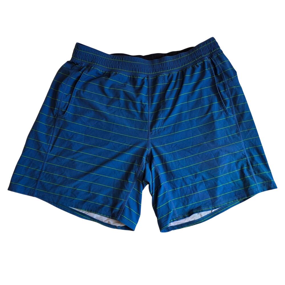 Lululemon Pace Breaker Linerless Short 7" Blue Green Striped Athletic Men's L